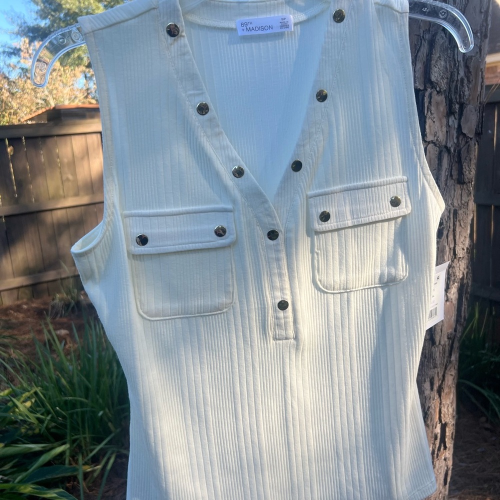Madison Cream Sleeveless Blouse with Button Accents